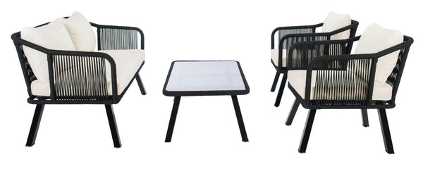 Safavieh TORSLA 4-Piece Outdoor Living Set with Modern Geometric Frames and Plush Cushions for Relaxed Lounging Black / Beige PAT7520B