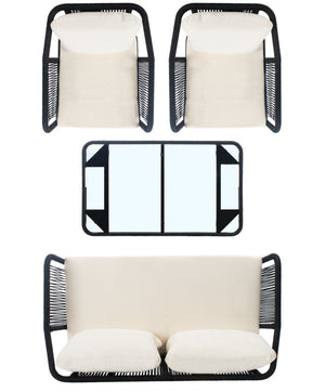 Safavieh TORSLA 4-Piece Outdoor Living Set with Modern Geometric Frames and Plush Cushions for Relaxed Lounging Black / Beige PAT7520B