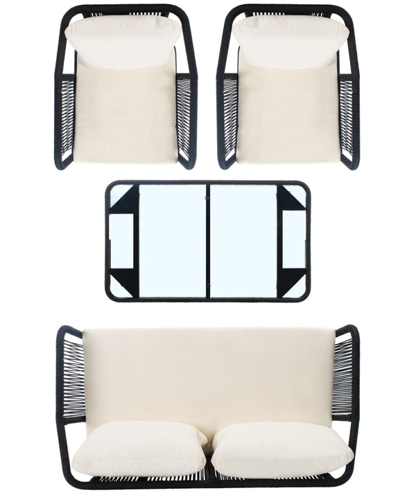 Safavieh TORSLA 4-Piece Outdoor Living Set with Modern Geometric Frames and Plush Cushions for Relaxed Lounging Black / Beige PAT7520B