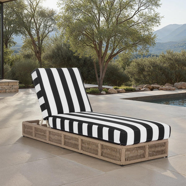 Safavieh GILLIAN Coastal Daybed with Woven Rope Accents for Relaxing Outdoor Lounging by the Pool or Patio Heather Tan / Black Striped PAT7527E