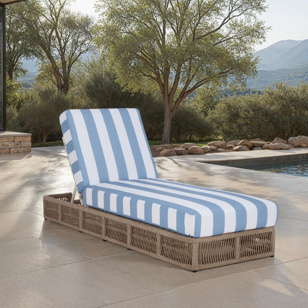 Safavieh GILLIAN Coastal Daybed with Woven Rope Accents for Relaxing Outdoor Lounging by the Pool or Patio Heather Tan / Baby Blue Stripe PAT7527U