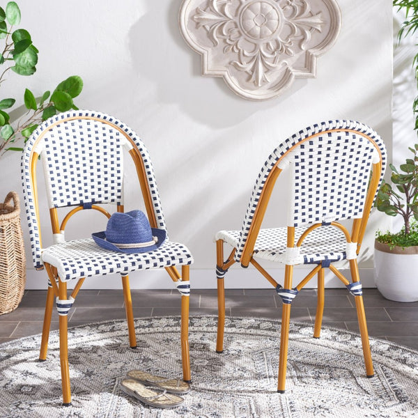 Safavieh CALIFORNIA Side Chair Set of Two - Classic French Bistro Style for All-Weather Outdoor Comfort White / Navy PAT7530D-SET2