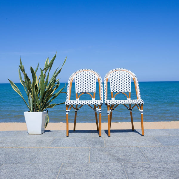 Safavieh CALIFORNIA Side Chair Set of Two - Classic French Bistro Style for All-Weather Outdoor Comfort White / Navy PAT7530D-SET2