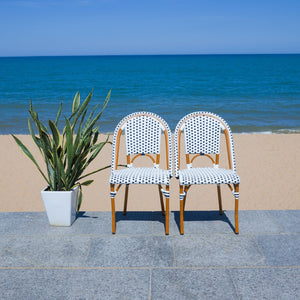 Safavieh CALIFORNIA Side Chair Set of Two - Classic French Bistro Style for All-Weather Outdoor Comfort White / Navy PAT7530D-SET2