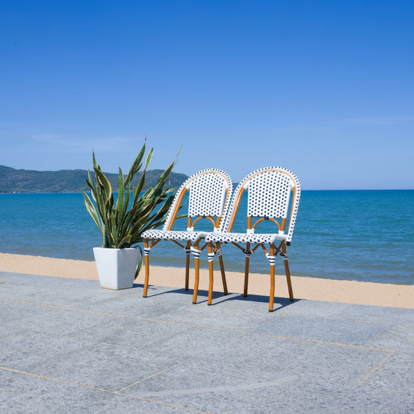 Safavieh CALIFORNIA Side Chair Set of Two - Classic French Bistro Style for All-Weather Outdoor Comfort White / Navy PAT7530D-SET2
