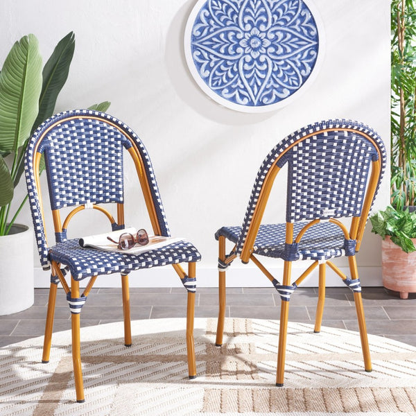 Safavieh CALIFORNIA Side Chair Set of Two - Classic French Bistro Style for All-Weather Outdoor Comfort Navy / White PAT7530E-SET2