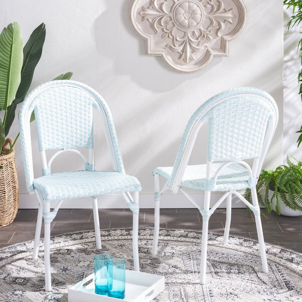 Safavieh CALIFORNIA Side Chair Set of Two - Classic French Bistro Style for All-Weather Outdoor Comfort Baby Blue / White PAT7530G-SET2