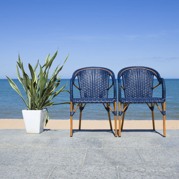 Safavieh CALIFORNIA Armchair - Coastal-Inspired Bistro Design for Elegant Outdoor Seating & Relaxation Navy PAT7531B-SET2