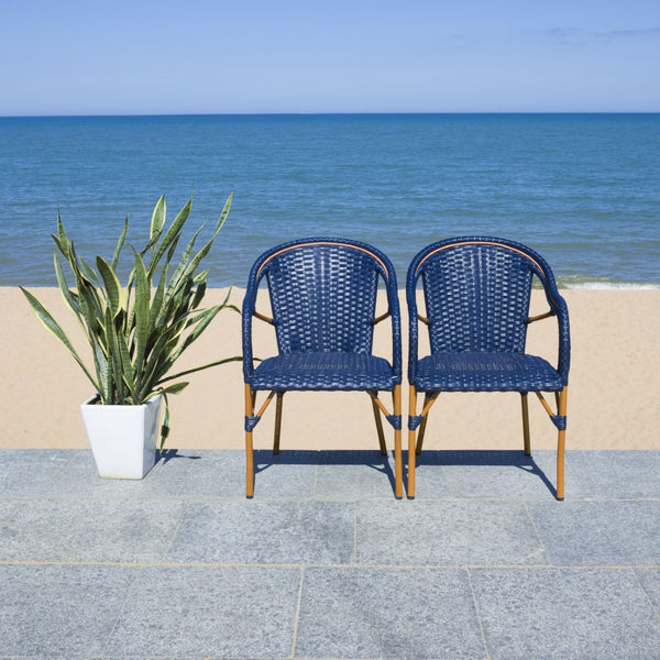 Safavieh CALIFORNIA Armchair - Coastal-Inspired Bistro Design for Elegant Outdoor Seating & Relaxation Navy PAT7531B-SET2