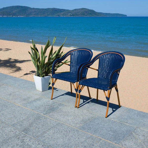 Safavieh CALIFORNIA Armchair - Coastal-Inspired Bistro Design for Elegant Outdoor Seating & Relaxation Navy PAT7531B-SET2
