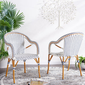 Safavieh CALIFORNIA Armchair - Coastal-Inspired Bistro Design for Elegant Outdoor Seating & Relaxation White / Navy PAT7531D-SET2