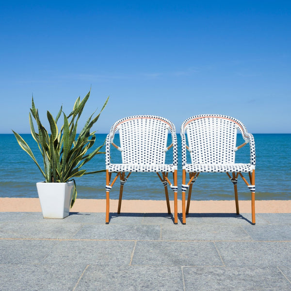 Safavieh CALIFORNIA Armchair - Coastal-Inspired Bistro Design for Elegant Outdoor Seating & Relaxation White / Navy PAT7531D-SET2