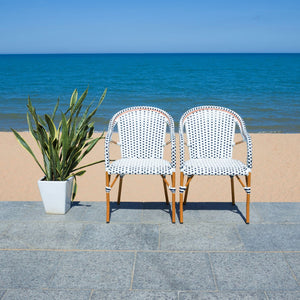 Safavieh CALIFORNIA Armchair - Coastal-Inspired Bistro Design for Elegant Outdoor Seating & Relaxation White / Navy PAT7531D-SET2