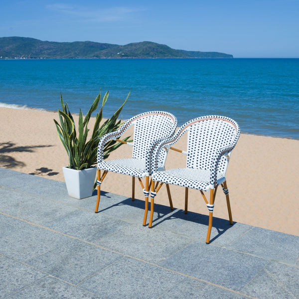 Safavieh CALIFORNIA Armchair - Coastal-Inspired Bistro Design for Elegant Outdoor Seating & Relaxation White / Navy PAT7531D-SET2