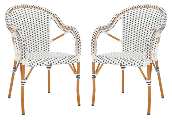 Safavieh CALIFORNIA Armchair - Coastal-Inspired Bistro Design for Elegant Outdoor Seating & Relaxation White / Navy PAT7531D-SET2