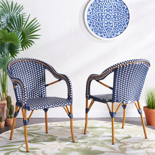 Safavieh CALIFORNIA Armchair - Coastal-Inspired Bistro Design for Elegant Outdoor Seating & Relaxation Navy / White PAT7531E-SET2