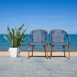 Safavieh CALIFORNIA Armchair - Coastal-Inspired Bistro Design for Elegant Outdoor Seating & Relaxation Navy / White PAT7531E-SET2