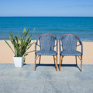 Safavieh CALIFORNIA Armchair - Coastal-Inspired Bistro Design for Elegant Outdoor Seating & Relaxation Navy / White PAT7531E-SET2
