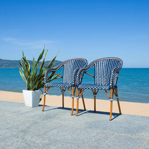 Safavieh CALIFORNIA Armchair - Coastal-Inspired Bistro Design for Elegant Outdoor Seating & Relaxation Navy / White PAT7531E-SET2