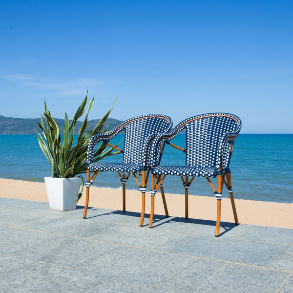 Safavieh CALIFORNIA Armchair - Coastal-Inspired Bistro Design for Elegant Outdoor Seating & Relaxation Navy / White PAT7531E-SET2