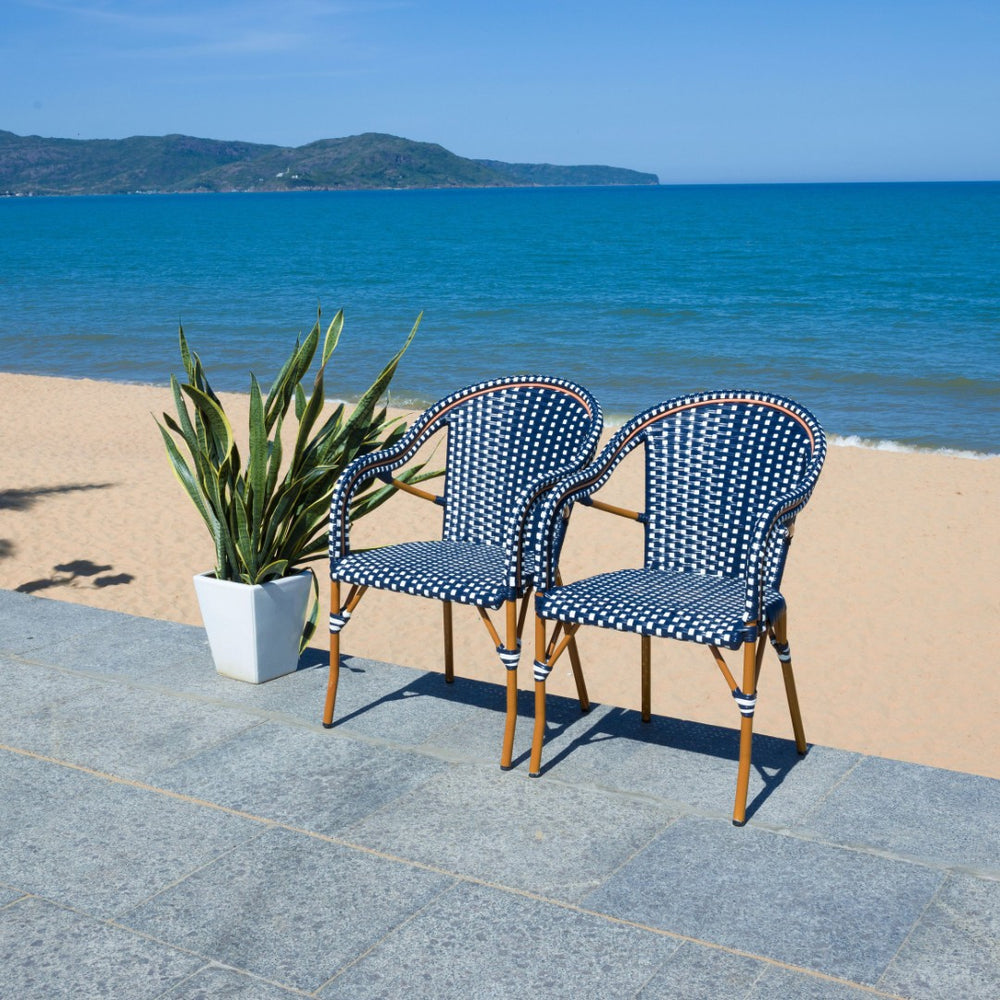 Safavieh CALIFORNIA Armchair - Coastal-Inspired Bistro Design for Elegant Outdoor Seating & Relaxation Navy / White PAT7531E-SET2