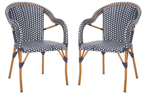 Safavieh CALIFORNIA Armchair - Coastal-Inspired Bistro Design for Elegant Outdoor Seating & Relaxation Navy / White PAT7531E-SET2
