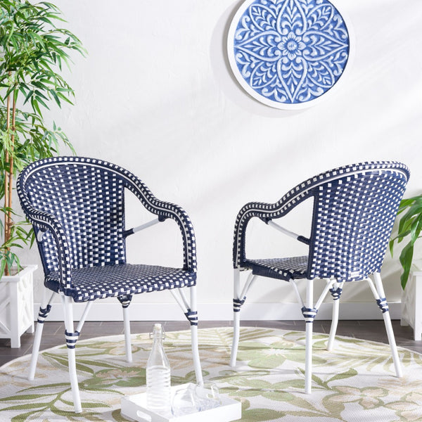 Safavieh CALIFORNIA Armchair - Coastal-Inspired Bistro Design for Elegant Outdoor Seating & Relaxation Navy / Navy PAT7531F-SET2