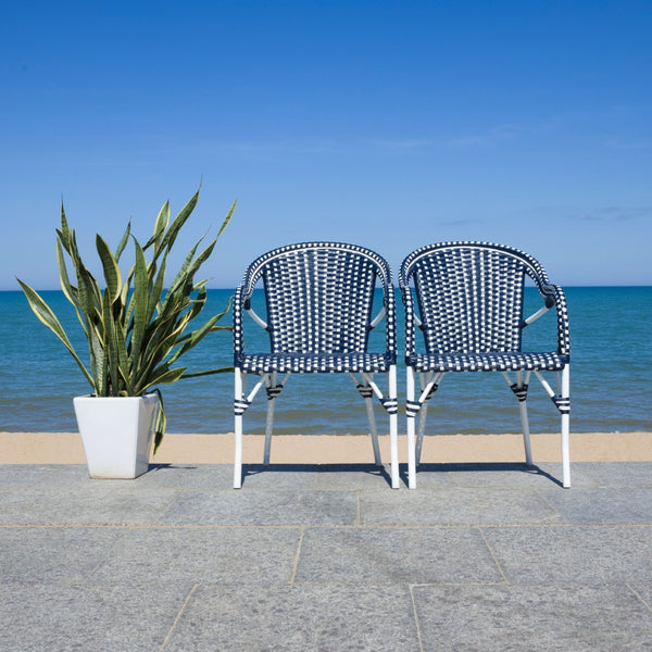 Safavieh CALIFORNIA Armchair - Coastal-Inspired Bistro Design for Elegant Outdoor Seating & Relaxation Navy / Navy PAT7531F-SET2