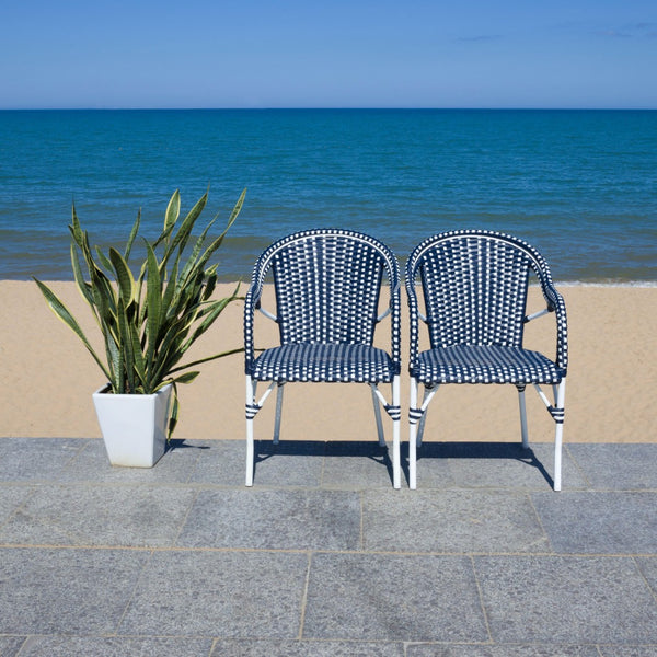 Safavieh CALIFORNIA Armchair - Coastal-Inspired Bistro Design for Elegant Outdoor Seating & Relaxation Navy / Navy PAT7531F-SET2
