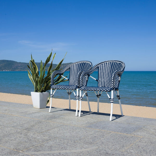 Safavieh CALIFORNIA Armchair - Coastal-Inspired Bistro Design for Elegant Outdoor Seating & Relaxation Navy / Navy PAT7531F-SET2