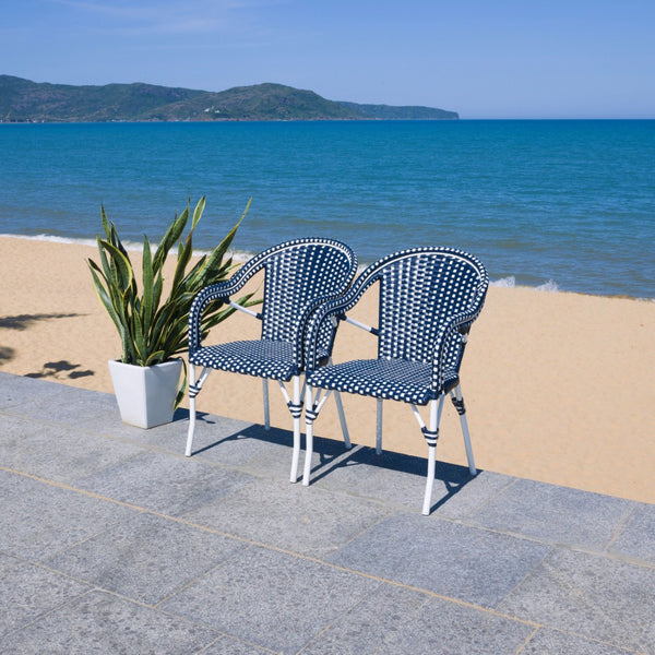 Safavieh CALIFORNIA Armchair - Coastal-Inspired Bistro Design for Elegant Outdoor Seating & Relaxation Navy / Navy PAT7531F-SET2