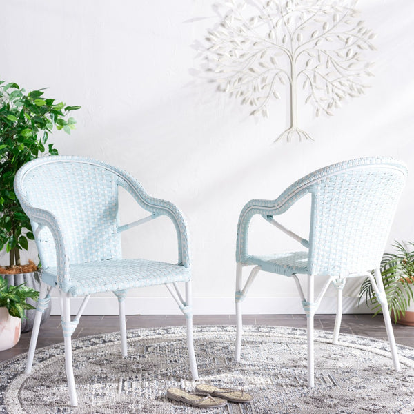 Safavieh CALIFORNIA Armchair - Coastal-Inspired Bistro Design for Elegant Outdoor Seating & Relaxation Baby Blue / White PAT7531G-SET2