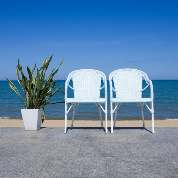 Safavieh CALIFORNIA Armchair - Coastal-Inspired Bistro Design for Elegant Outdoor Seating & Relaxation Baby Blue / White PAT7531G-SET2