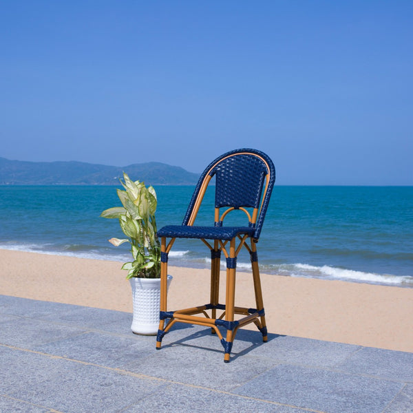 Safavieh CALIFORNIA Counter Stool - Stylish Outdoor Dining Chair with Ergonomic Design for All-Weather Use Navy PAT7532B