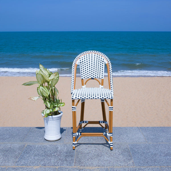 Safavieh CALIFORNIA Counter Stool - Stylish Outdoor Dining Chair with Ergonomic Design for All-Weather Use White / Navy PAT7532D