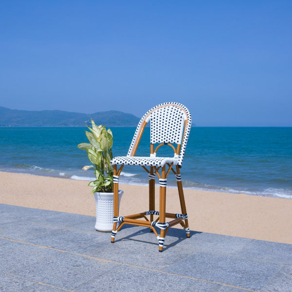 Safavieh CALIFORNIA Counter Stool - Stylish Outdoor Dining Chair with Ergonomic Design for All-Weather Use White / Navy PAT7532D