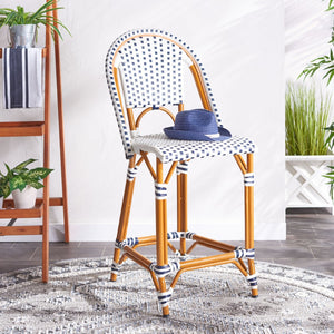 Safavieh CALIFORNIA Counter Stool - Stylish Outdoor Dining Chair with Ergonomic Design for All-Weather Use White / Navy PAT7532D