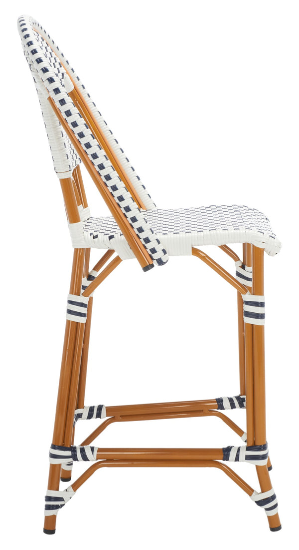 Safavieh CALIFORNIA Counter Stool - Stylish Outdoor Dining Chair with Ergonomic Design for All-Weather Use White / Navy PAT7532D