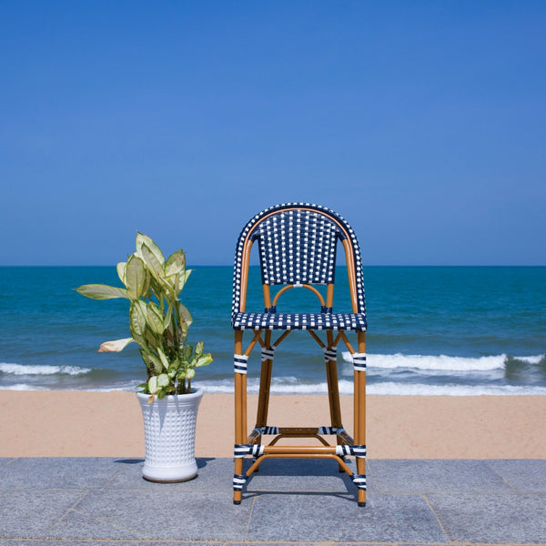 Safavieh CALIFORNIA Counter Stool - Stylish Outdoor Dining Chair with Ergonomic Design for All-Weather Use Navy / White PAT7532E