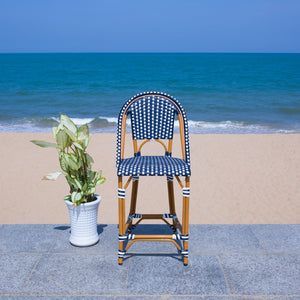Safavieh CALIFORNIA Counter Stool - Stylish Outdoor Dining Chair with Ergonomic Design for All-Weather Use Navy / White PAT7532E