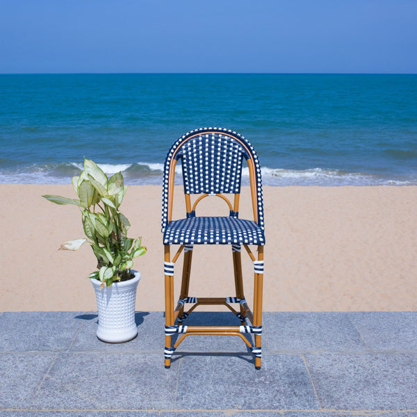 Safavieh CALIFORNIA Counter Stool - Stylish Outdoor Dining Chair with Ergonomic Design for All-Weather Use Navy / White PAT7532E