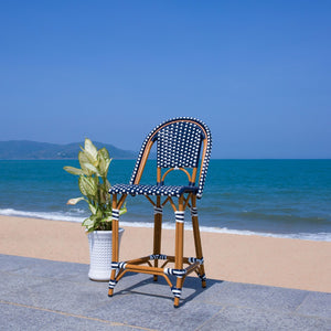 Safavieh CALIFORNIA Counter Stool - Stylish Outdoor Dining Chair with Ergonomic Design for All-Weather Use Navy / White PAT7532E