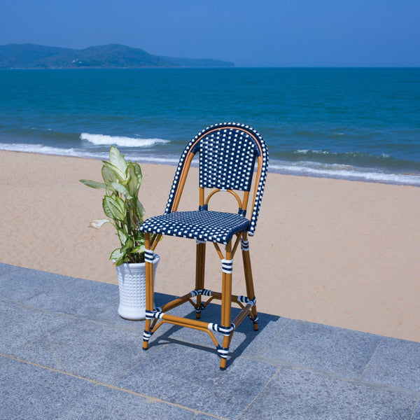 Safavieh CALIFORNIA Counter Stool - Stylish Outdoor Dining Chair with Ergonomic Design for All-Weather Use Navy / White PAT7532E