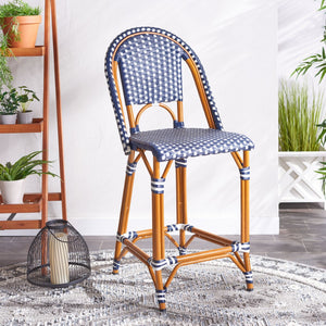 Safavieh CALIFORNIA Counter Stool - Stylish Outdoor Dining Chair with Ergonomic Design for All-Weather Use Navy / White PAT7532E