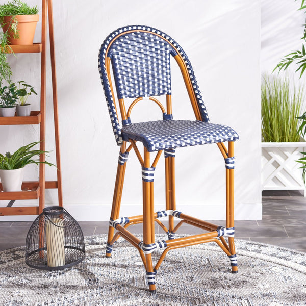 Safavieh CALIFORNIA Counter Stool - Stylish Outdoor Dining Chair with Ergonomic Design for All-Weather Use Navy / White PAT7532E