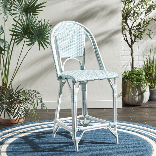 Safavieh CALIFORNIA Counter Stool - Stylish Outdoor Dining Chair with Ergonomic Design for All-Weather Use Baby Blue / White PAT7532G