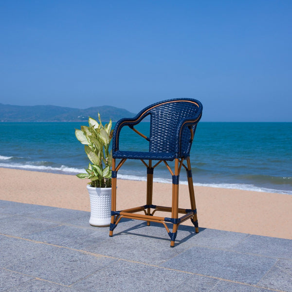 Safavieh CALIFORNIA Counter Stool - Elegant Outdoor Seating with French Bistro Design for Coastal Charm Navy PAT7533B