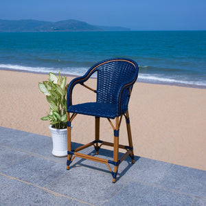 Safavieh CALIFORNIA Counter Stool - Elegant Outdoor Seating with French Bistro Design for Coastal Charm Navy PAT7533B