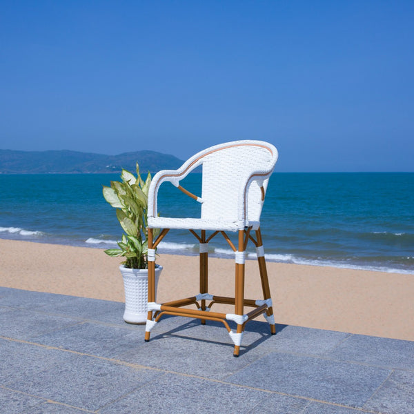 Safavieh CALIFORNIA Counter Stool - Elegant Outdoor Seating with French Bistro Design for Coastal Charm White PAT7533C