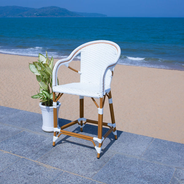Safavieh CALIFORNIA Counter Stool - Elegant Outdoor Seating with French Bistro Design for Coastal Charm White PAT7533C